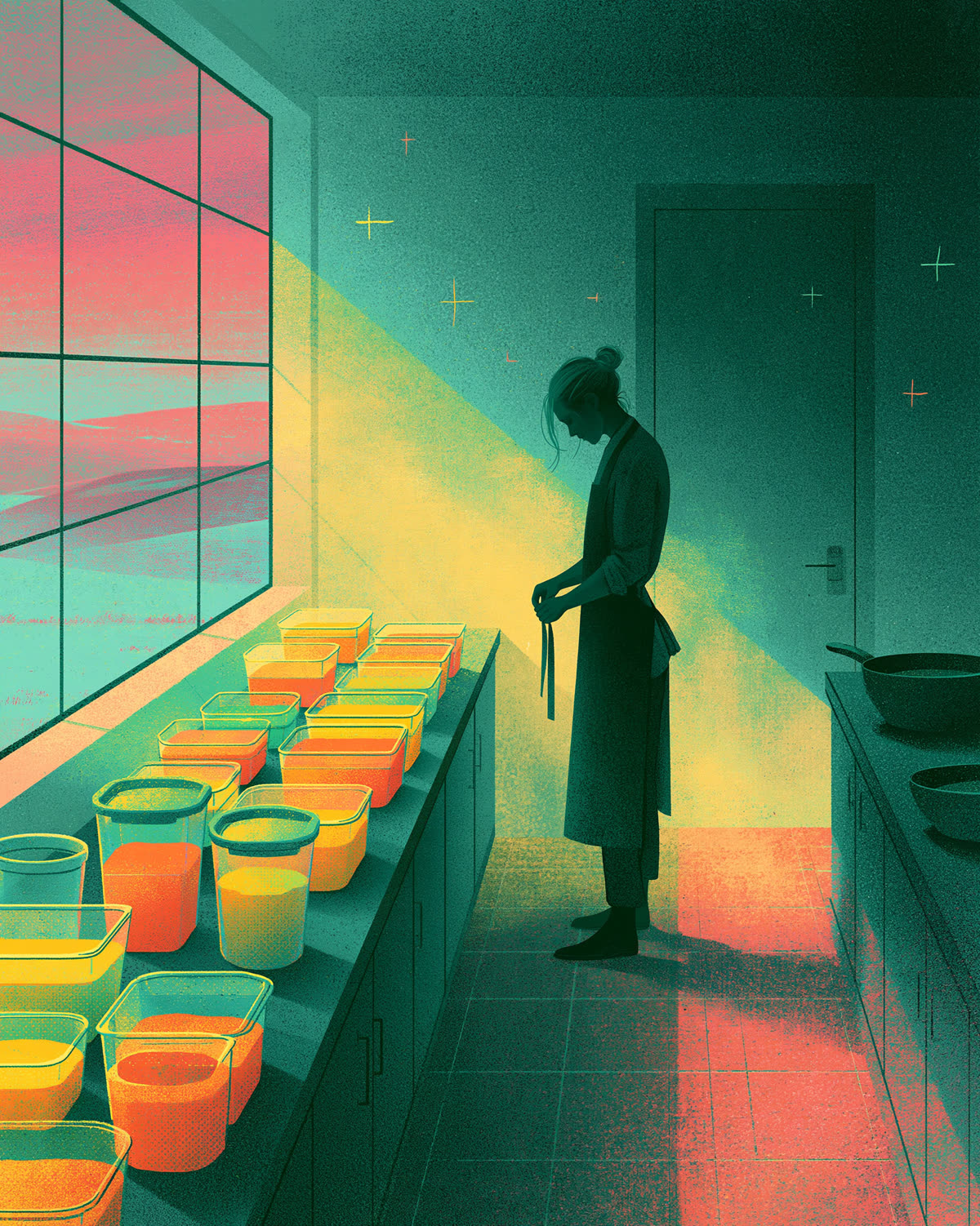 A chef ties an apron beside rows of prepped tubs before service
